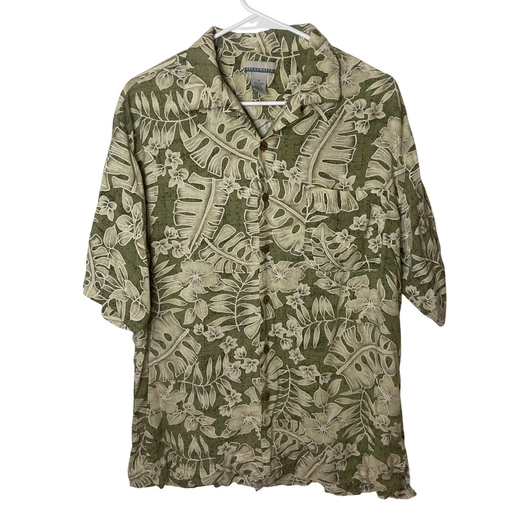 Breakwater‎ Mens Rayon Aloha Shirt Olive Green Floral Monstera Hibiscus Medium